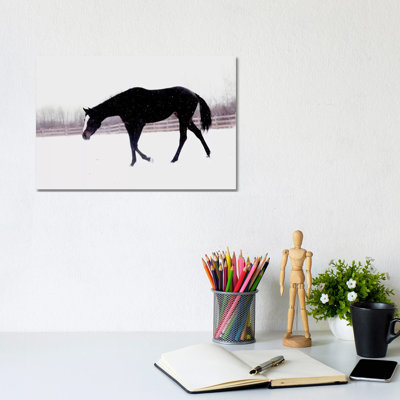 Black Horse in the Snow 1 Piece Wrapped Canvas Wall Art