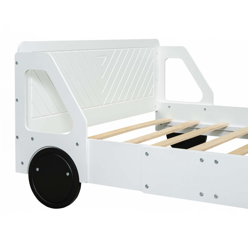 Lit plateforme en forme de voiture avec roulettes, Blanc, Double