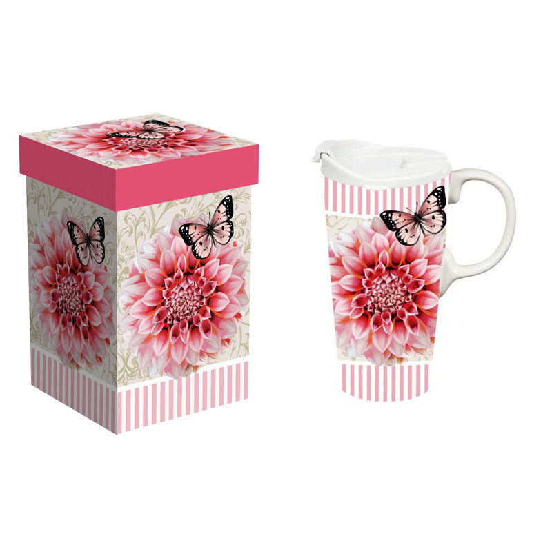 Boîte-cadeau en céramique avec papillon et fleur de dahlia, 17 oz