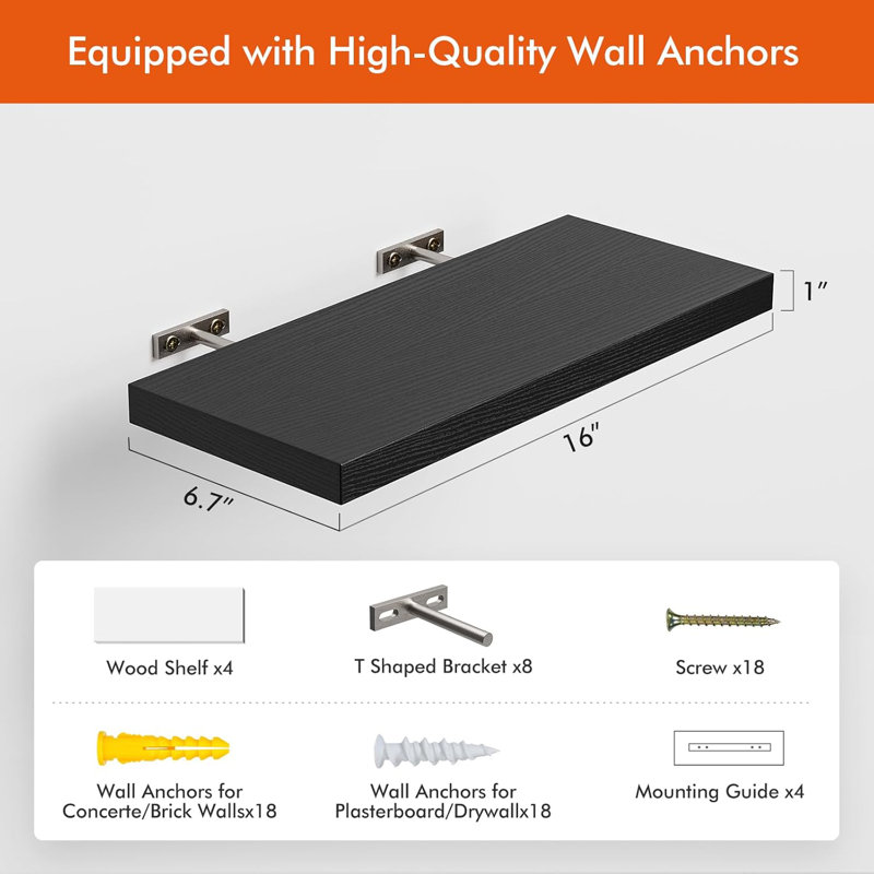 Wall-Mounted Floating Shelves - Rustic Wood (Set Of 4) For Bedroom, Living Room, Kitchen, And Bathroom