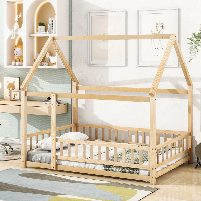 Full Size Floor Wooden Bed With House Roof Frame, Fence Guardrails And Natural Design