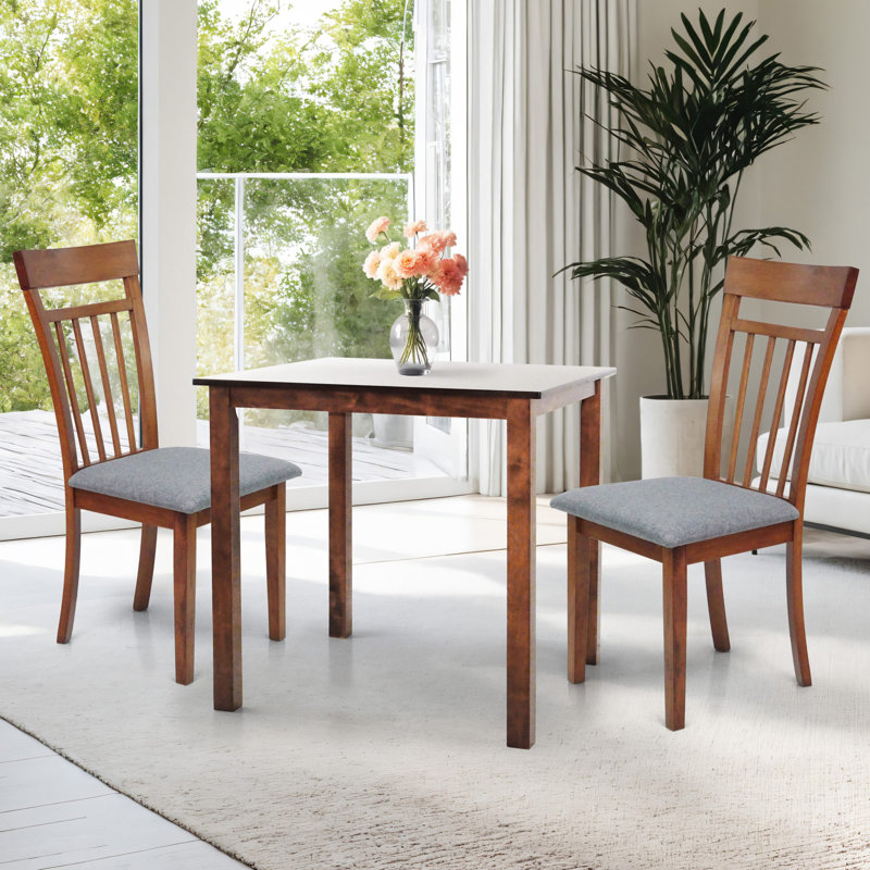 3-Piece Dining Table Set, 2 Classic Style Solid Wood Warm Chairs with Square Dining Table, Kitchen Room Set, Gray Fabric