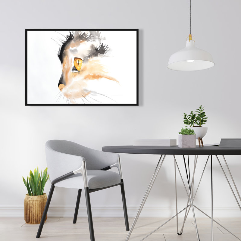 Aquarelle, visage de chat, profil encadré gris