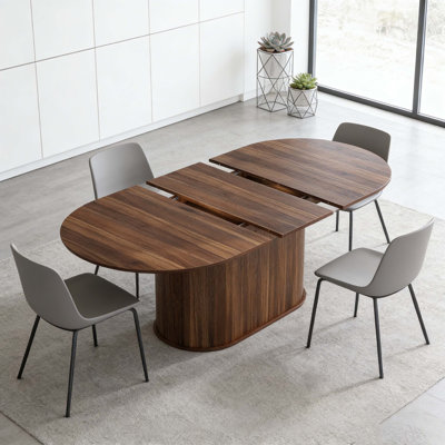 55.11"-70.86" Walnut Extendable Oval Dining Table With Striped Pedestal Base For Kitchen & Living Room
