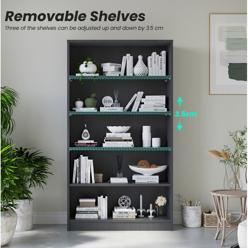 Grey Bookshelf for Bedroom 5 Shelf Office Bookcase 60 Inches Tall Modern Wood Bookshelf for Living Room 5 Tier Wide Manga Bookshelves Library Bookcase