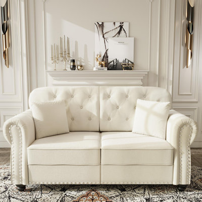 63" Velvet Upholstered Chesterfield Sofa Rolled-Arm Loveseat Couch with 2 Pillows