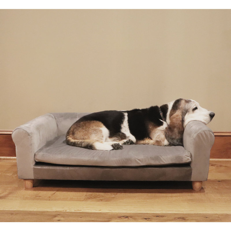 Elegant Gray Faux-Velvet Elevated Dog Bed with Wood Legs