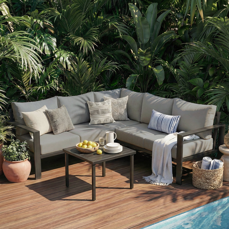 77" Wide L-Shaped Outdoor Patio Sectional Sofa With Cushions, Gray, Black