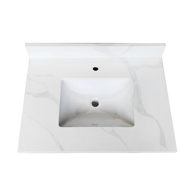 Comptoir de salle de bain en quartz blanc 31 po, lavabo central encastré simple, 4 dosserets hauts, 1 trou de robinet pré-percé, chaleur et teinture, idéal pour la salle de bain supérieure