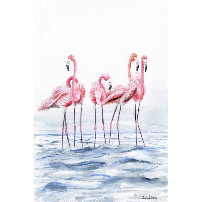 "Flamants 1" par Leah Tedesco sur, Pas de tapis, H 12 po x l 8 po, Toile argentée avec cadre flottant