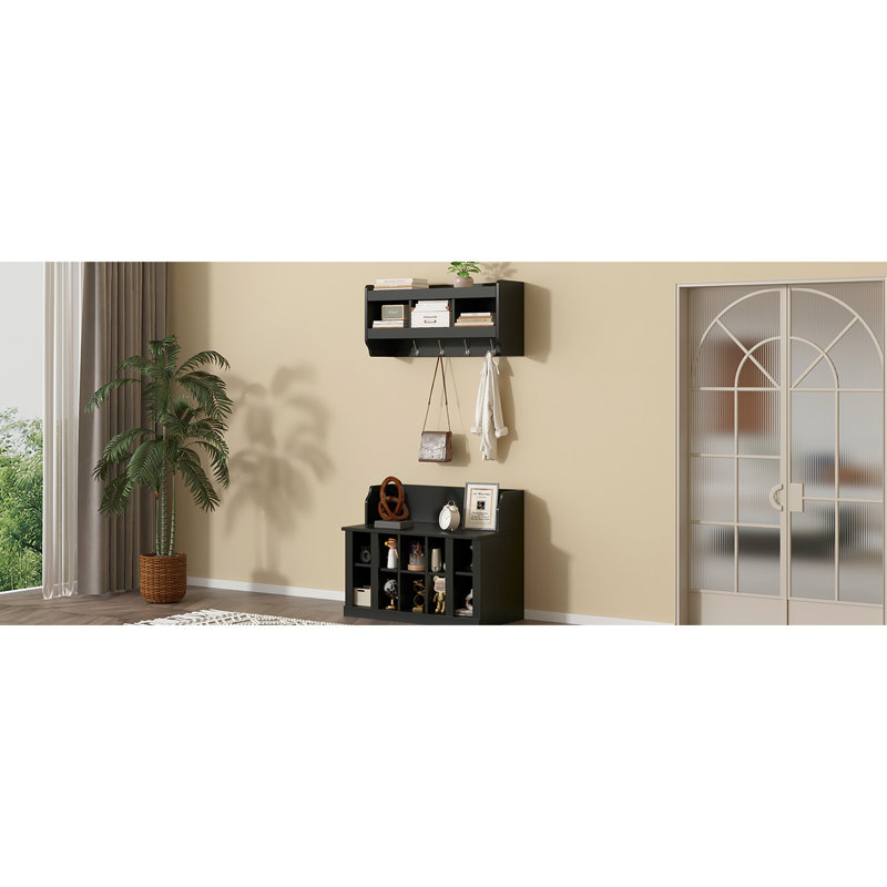 Arbre d'entrée pour vestibule avec rangement pour chaussures et crochets muraux, noir, crochet de 6,6 lb, portemanteau chic à options réglables, capacité, support de banc de 176 lb