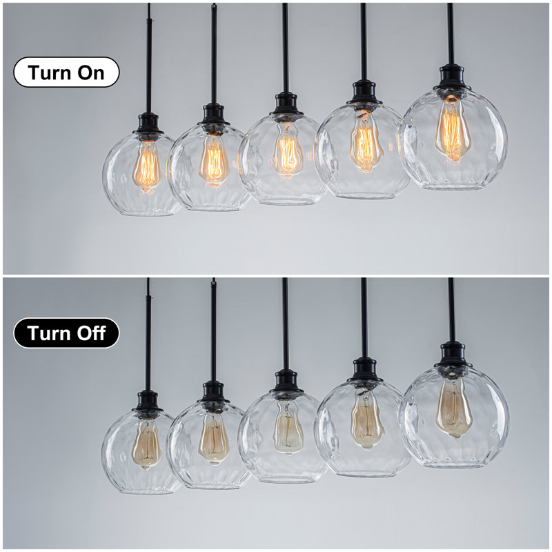 Concow 5-Light Matte Black Kitchen Island Pendant With Hammered Globe Glass, Hammered