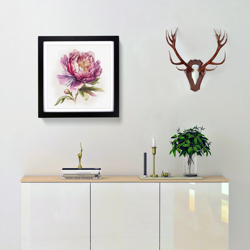 Peony Flower Watercolour - Framed Print, Black