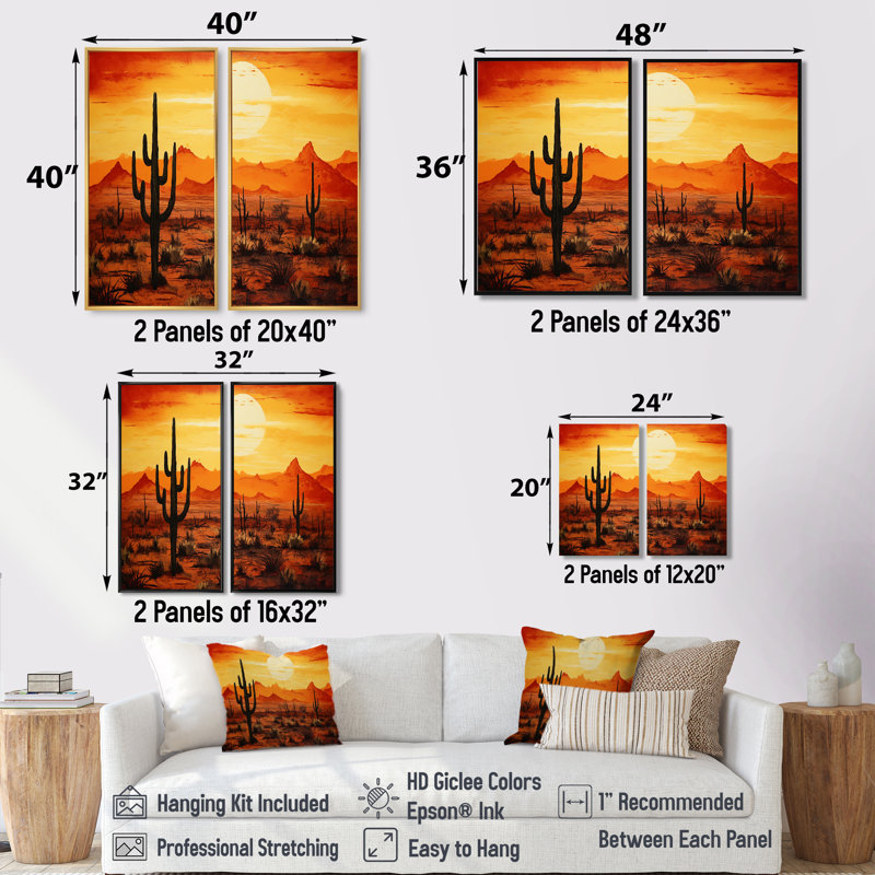 Cactus Sunrise Silhouettes - grandes impressions sur toile de cactus, H 20 po x l 24 po, Brun
