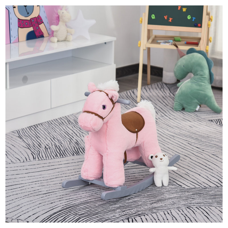 Cheval à bascule en peluche Qaba Kids avec sons réalistes et ours en peluche, rose