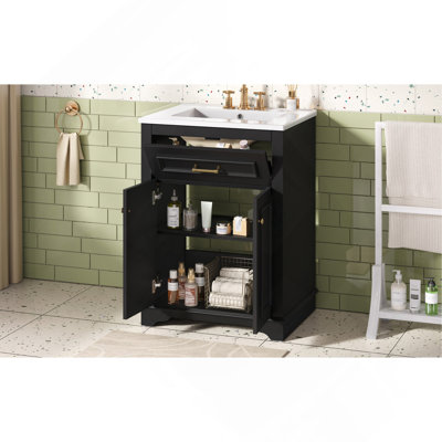 Meuble-lavabo 24 po avec lavabo en céramique intégré, armoire de salle de bain avec 2 portes, 1 tiroir basculant, meuble-lavabo simple pour petite et moyenne salle de bain, blanc