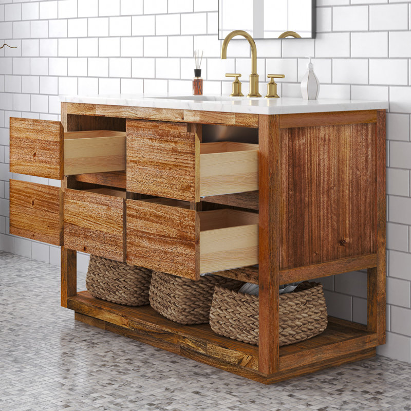 Oakman 48 In. Mango Wood Single Sink Carrara White Marble Countertop Bath Vanity, Mango Wood
