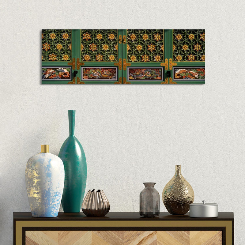 Paintings On The Door Of A Buddhist Temple, Kayasan Mountains - Wrapped Canvas Panoramic Print