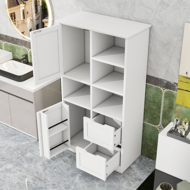 Armoire de rangement pour salle de bain avec tablette réglable, 2 tiroirs, tablette ouverte et dispositif anti-basculement