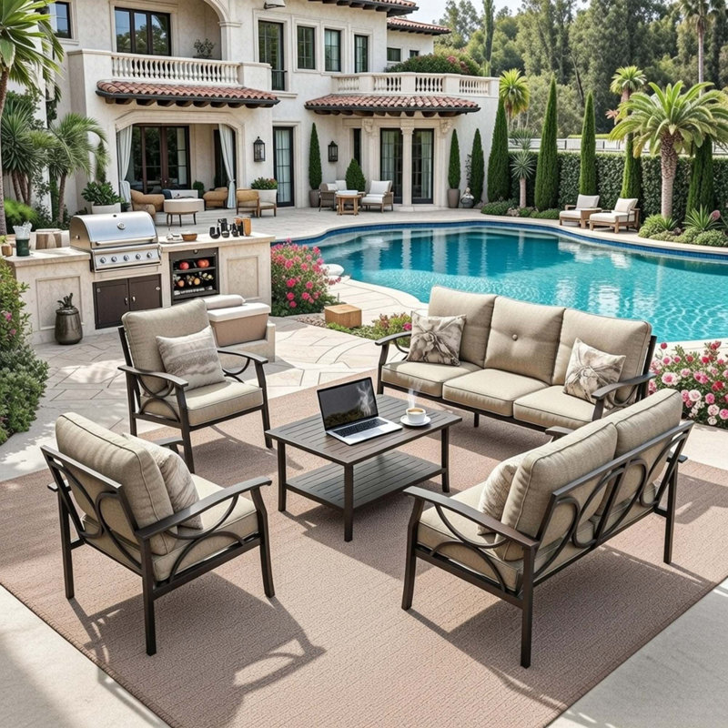 Ensemble complet de patio toutes saisons 7 places avec coussins moelleux