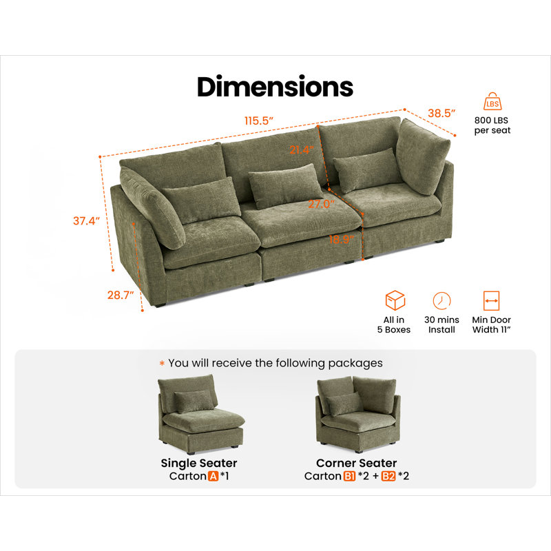 3 Seater Chenille Oversized Modular Sofa Extra Deep Cloud Corduroy Sectional Couch With Ottoman Chaise Fsc Certified Fluffy Sofa