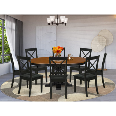 L'ensemble de table de salle à manger 9 pièces comprend une table en bois avec plateau rond en cerisier et 8 chaises de salle à manger modernes en bois avec dossier en X, noir