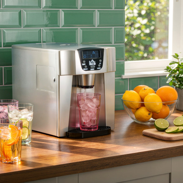 A stainless steel Homcom ice maker dispensing ice into a pink glass on a wooden kitchen counter next to a bowl of fresh fruit.