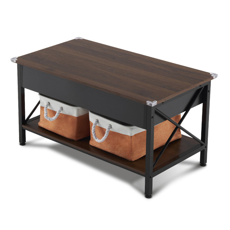 36.02in Rectangular Nordic Walnut P2 Board With Side X-Shaped Metal Frame, Adjustable Height, 2 Storage Bags, Coffee Table