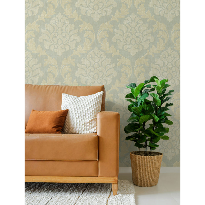 Papier peint damassé bleu marine non tissé Seabrook Designs, Beige métallique / bleu cendré