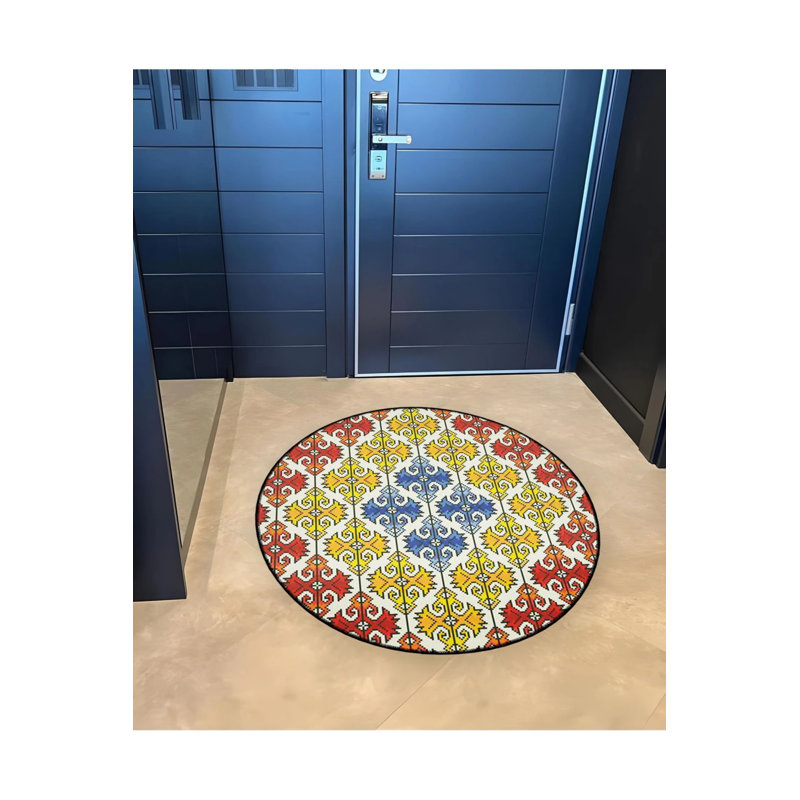 Yellow Blue Red Shape Detailed Woven Base Modern Decorative Carpet, Round 3'4"