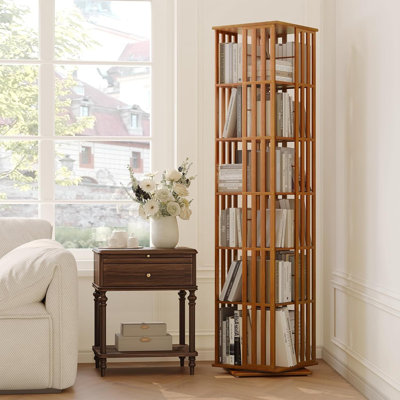 Bamboo 6 Tier Rotating Bookshelf Tower, Floor Standing 360 Display Spinning Bookcase