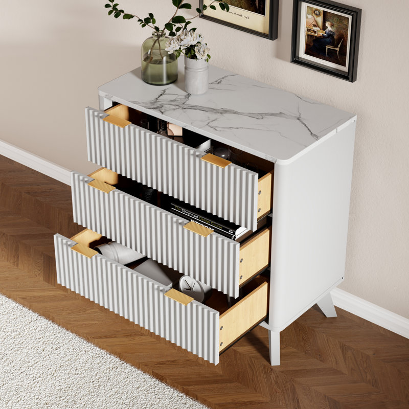32" High Faux Marble Side Table with 3 Drawers & Fluted Design, White