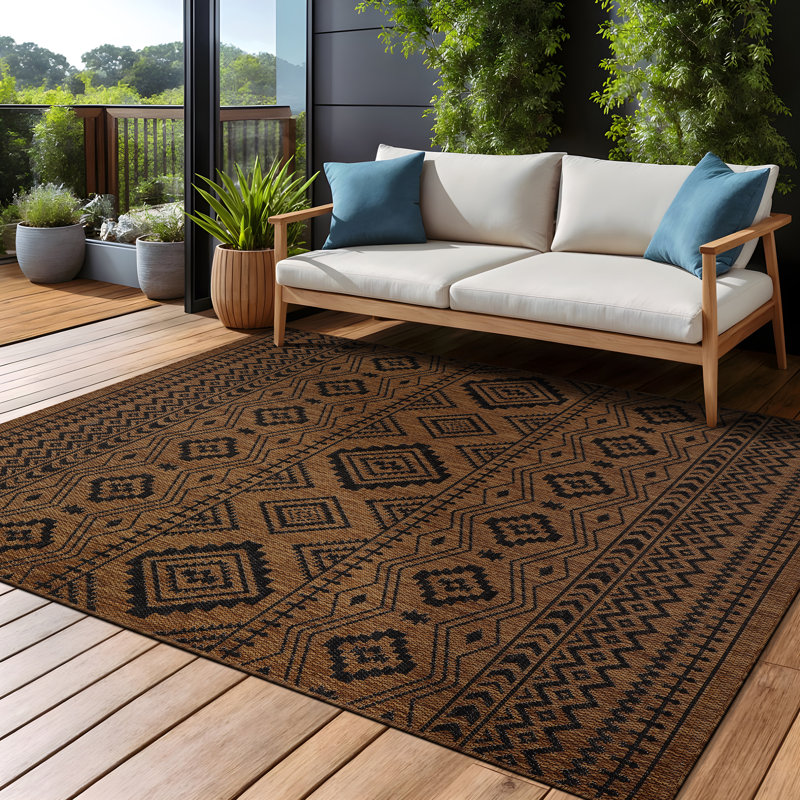 Tapis intérieur / extérieur noir / ivoire Waikiki Domek, Gold, Rectangle de 10 pi x 14 pi