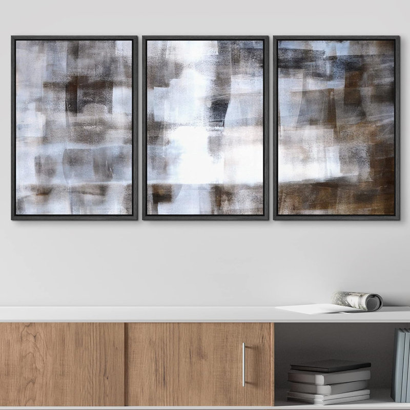 «Faded Grunge», blocs de couleur blancs et bruns, formes abstraites, art moderne chic ultra sur toile, impression de 3 pièces