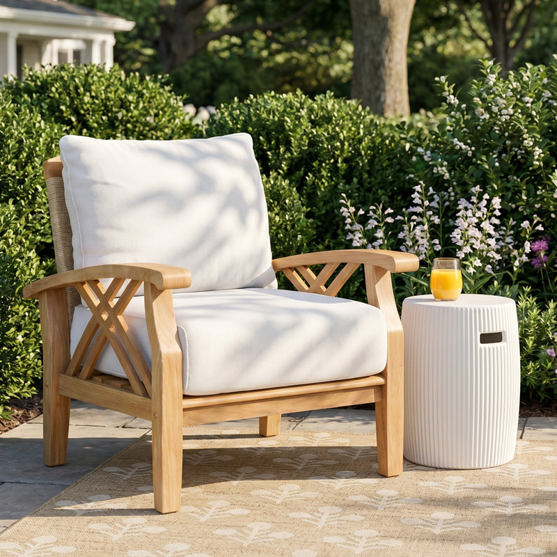 Cotesfield Teak Outdoor Lounge Chair with Cushion, Tan Performance Basketweave