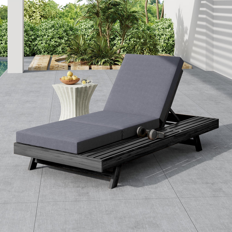 Easton Patio Acacia Wood Chaise Lounge with Adjustable Back & Tri-Fold Cushion, Dark Gray Cushion/Black Frame