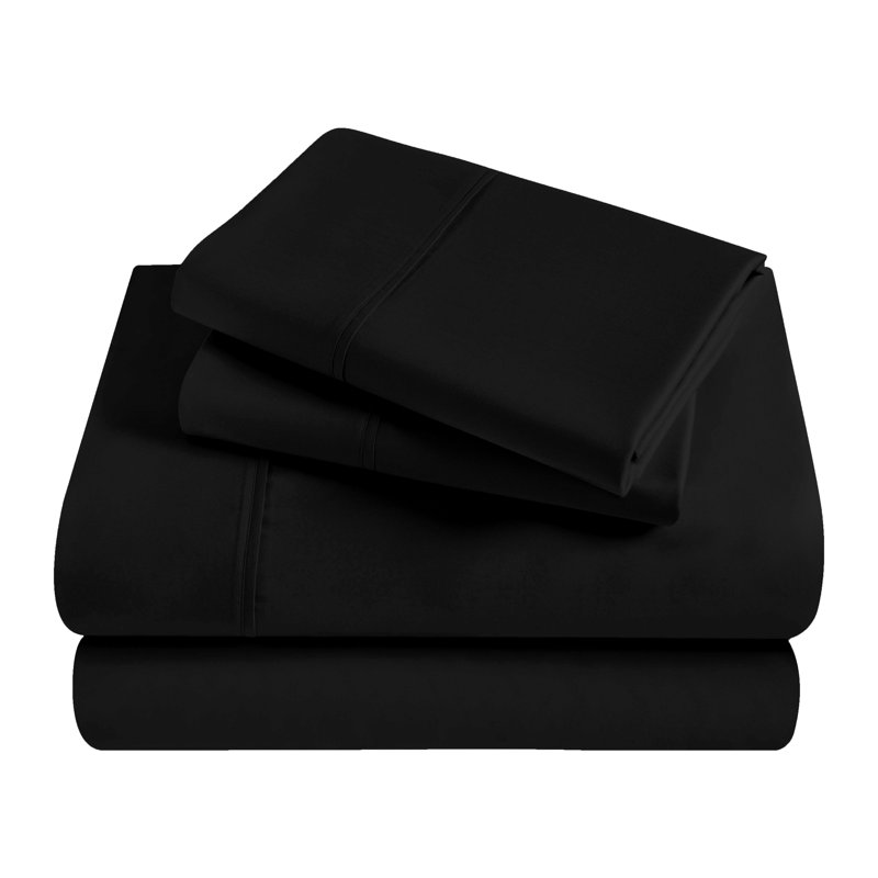Ensemble de draps en satin de coton peigné de qualité supérieure à densité du tissage de 300 fils, Noir, Simple