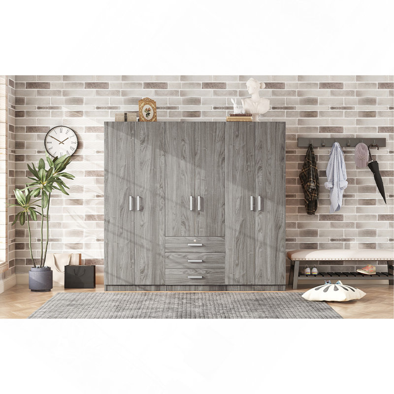 Rangement pour garde-robe en bois à 6 portes avec 6 grands tiroirs, Gris