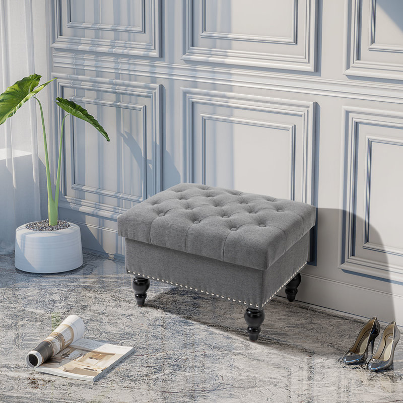 Rangement en lin gris de 25 po avec dessus à boutons et couvercle amovible, banc de repose-pieds confortable pour le salon, siège de pièce à garniture cloutée avec pieds en bois,