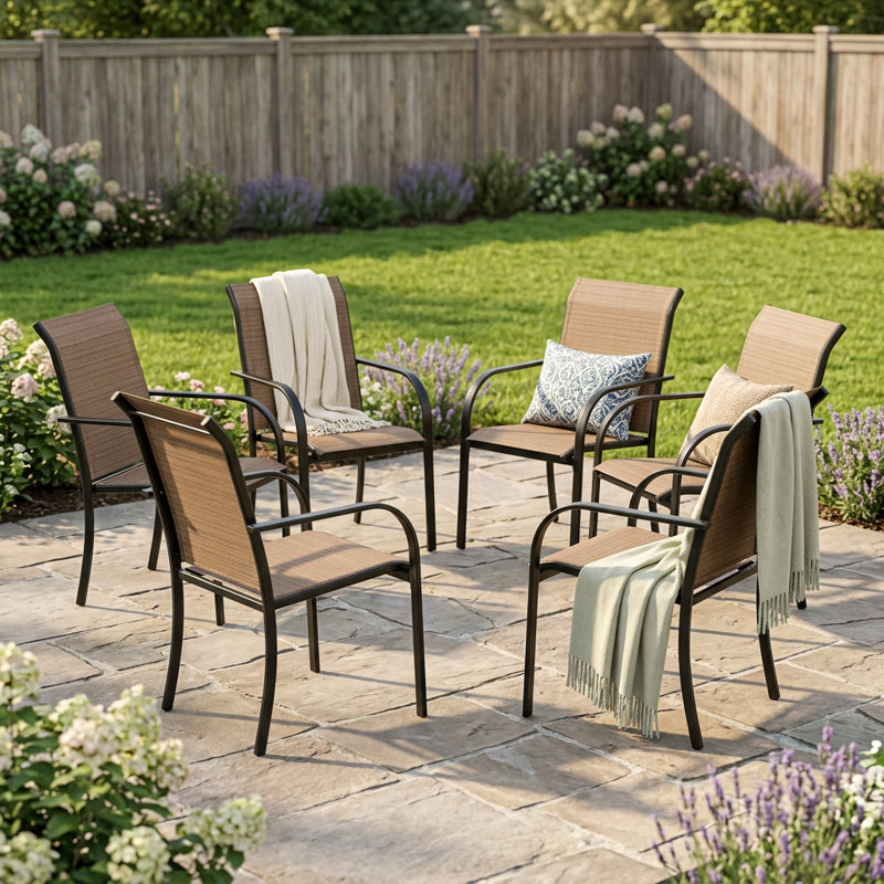 Bustamante Outdoor Round Patio Dining Set with Stackable Textilene Chairs, Brush Wood Brown/Brown