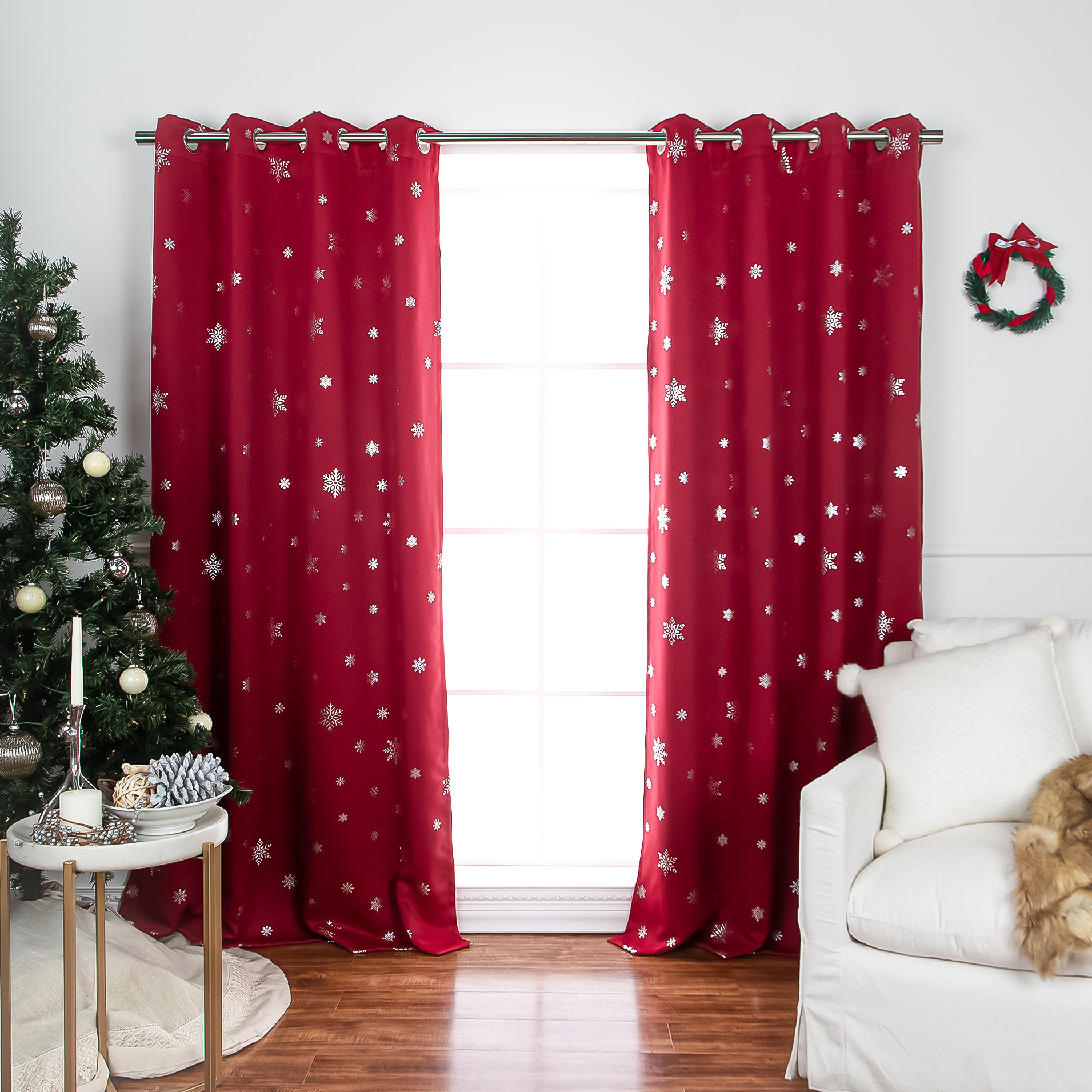The Holiday Aisle® Corderius Polyester Snowflake Silver Foil Print Blackout/Room Darkening Thermal Grommet Curtains & Reviews | Wayfair