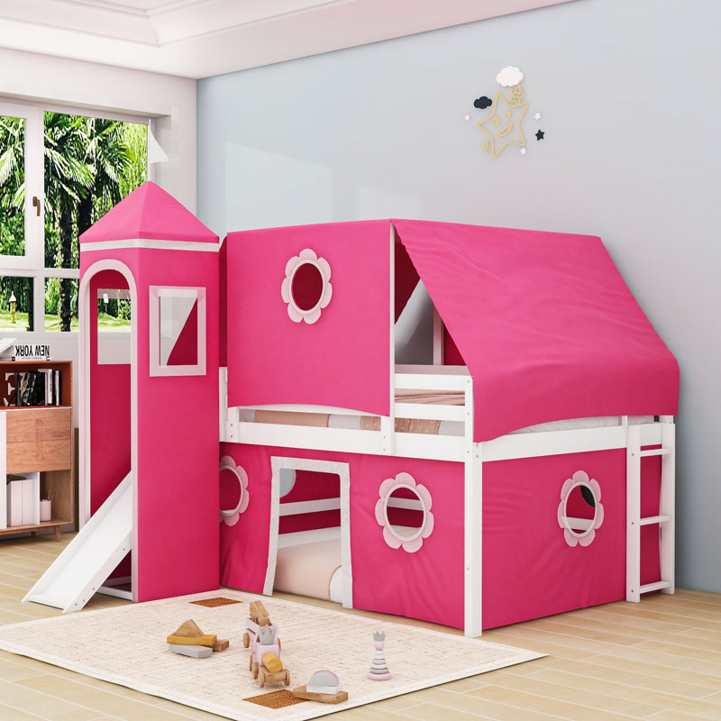 Lit mezzanine simple avec glissade et maisonnette, Full