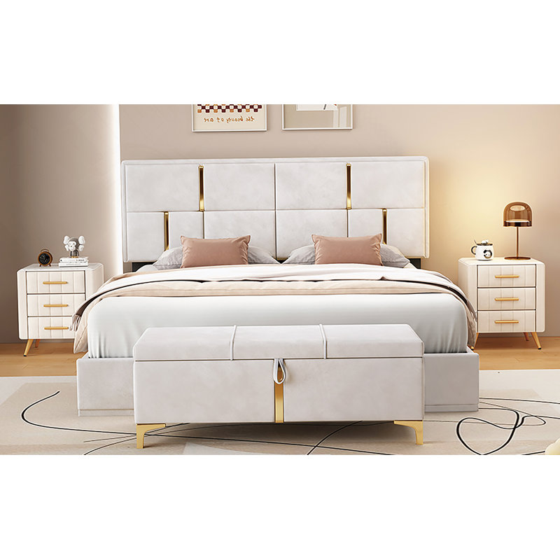 Ensemble de chambre à coucher 2 pièces, lit plateforme tapissier grand avec système de rangement hydraulique, repose-pieds avec pieds en métal, beige