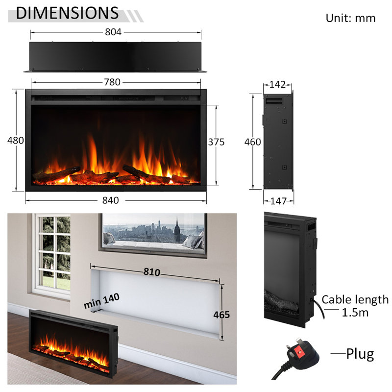FLAMME Slim Inset Media Wall Electric Fire, Castello Black, 48"H x 84"W x 14.7"D
