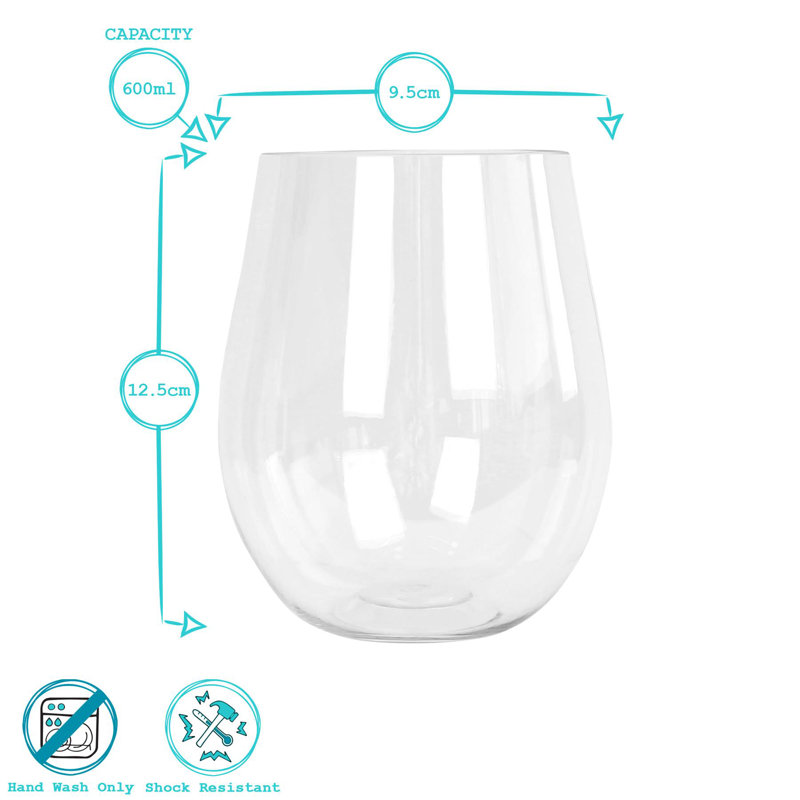 Argon Tableware 600ml Reusable Plastic Stemless Wine Glasses - Set of 12