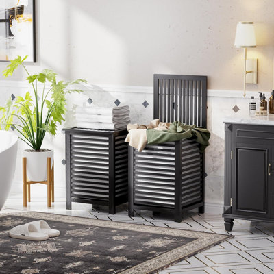 Double panier à linge avec couvercle et sac de doublure amovible, panier à linge en bambou à 2 sections pour le tri organisé dans la salle de lavage, la salle de bain ou la chambre à coucher
