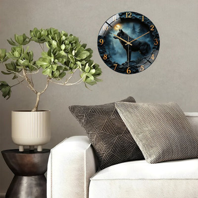 Wolf Moon Phase Wall Clock Stylish Decor Art - 12'' Modern Glass Wall Clock