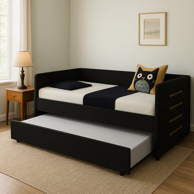 Lit de jour simple moderne avec lit gigogne, revêtu de velours noir, conception à garniture dorée, assise et sommeil confortables, convient au lit en velours de taille bureau à domicile, accents, sièges, idéal