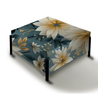 Blue And Gold Geometric Floral Harmony Fusion I - Floral Large Square Ottoman