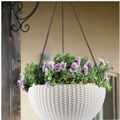 13.4 inch Self-Watering Hanging Rattan-Inspired Planter Large Capacity, Root-Rot Resistant Water Storage with Water Level Indicator, Dual-Use for Indoor & Balcony Decoration (Pack of 2, White)